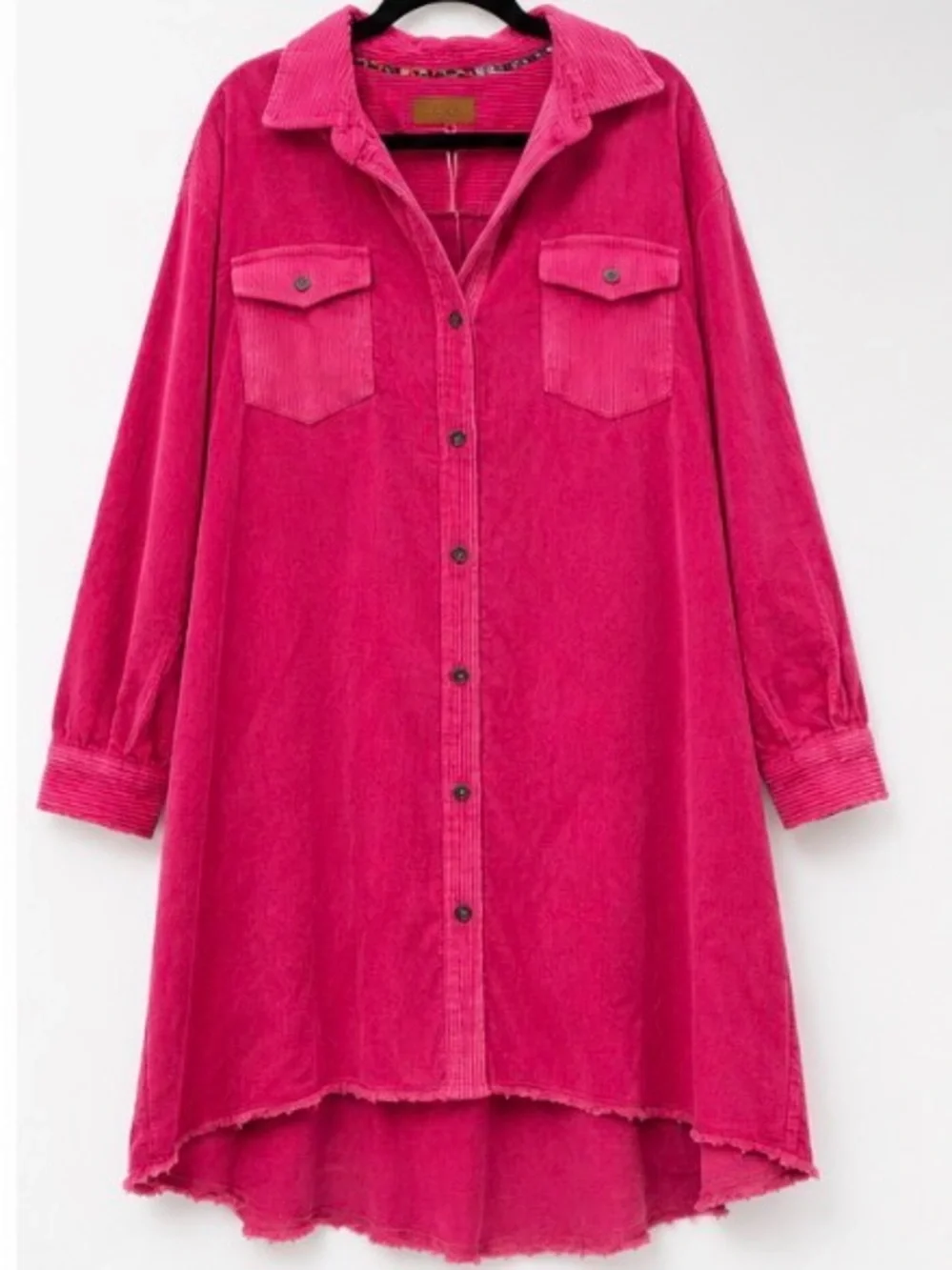 Umgee Sample Hot Pink Corduroy High Low Shirt Dress Shacket Raw Hem